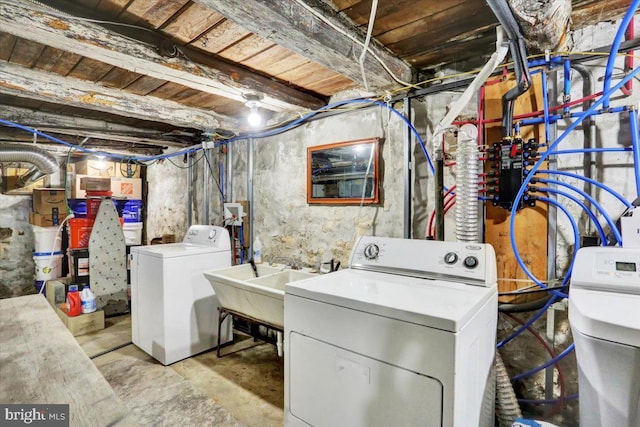 unfinished basement with washer and dryer and a sink