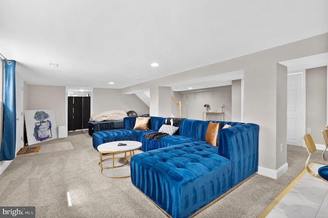 carpeted living area featuring stairs, baseboards, and recessed lighting