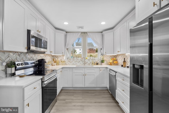 kitchen featuring appliances with stainless steel finishes, a sink, white cabinetry, and decorative backsplash