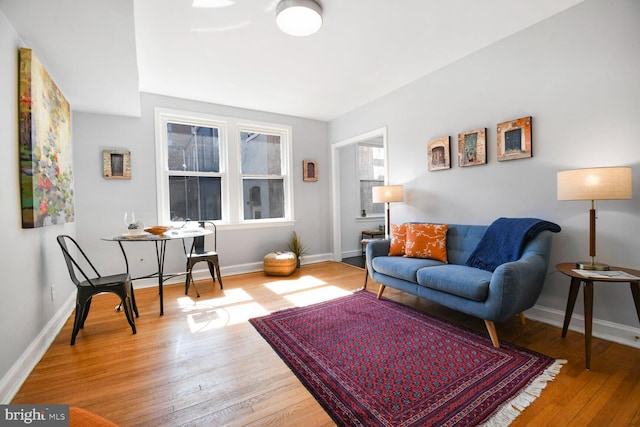 living room featuring hardwood / wood-style flooring and baseboards