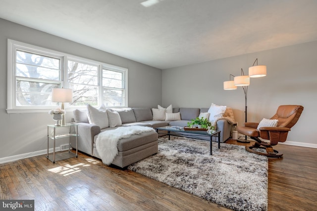 living room with baseboards and wood finished floors