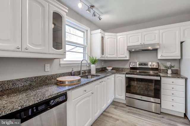 kitchen with glass insert cabinets, under cabinet range hood, appliances with stainless steel finishes, white cabinets, and a sink