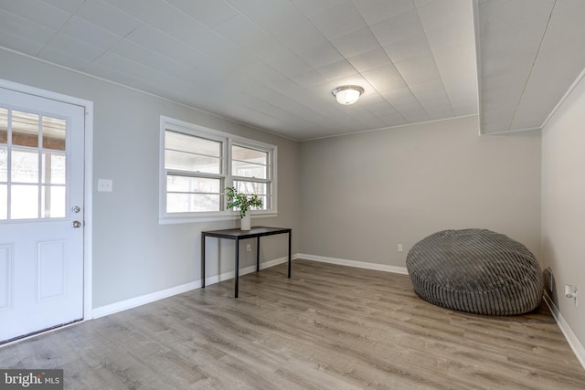 entryway with baseboards and wood finished floors