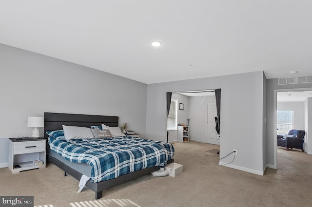 bedroom featuring carpet floors, baseboards, visible vents, and recessed lighting