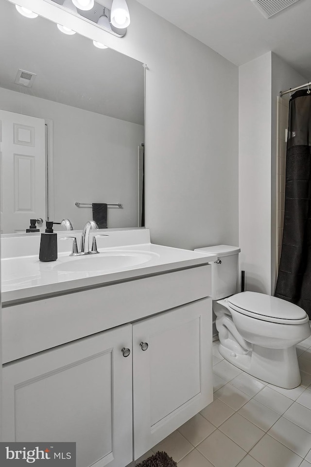 bathroom with toilet, tile patterned flooring, visible vents, and vanity