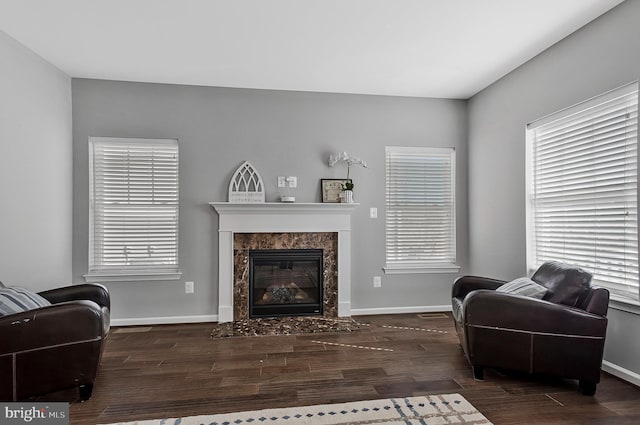 living room with a wealth of natural light, a fireplace, baseboards, and wood finished floors