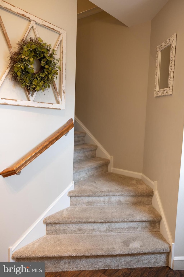 stairs featuring baseboards and carpet floors