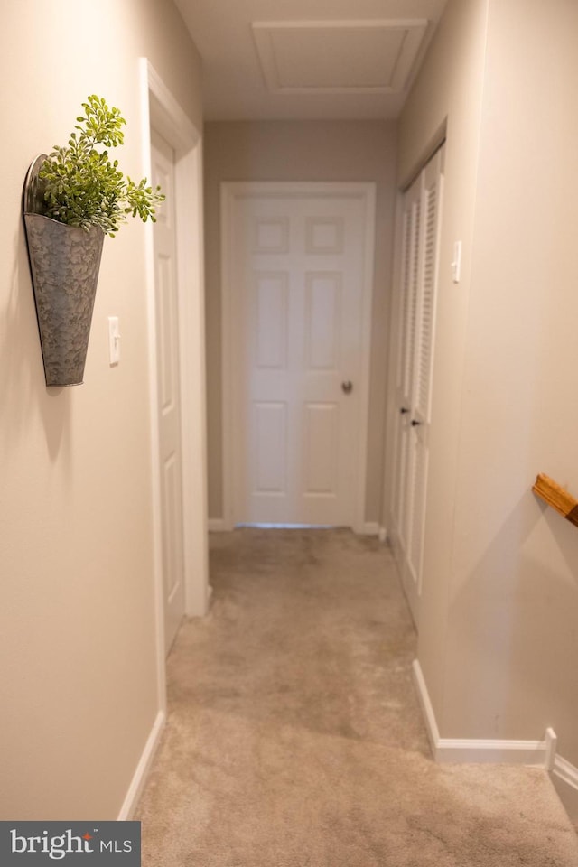 corridor featuring light carpet, attic access, and baseboards