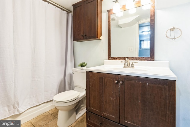 full bath with tile patterned floors, visible vents, toilet, and vanity