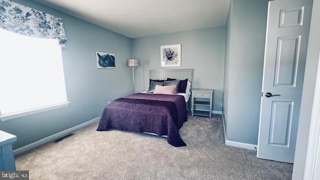 bedroom with baseboards and carpet