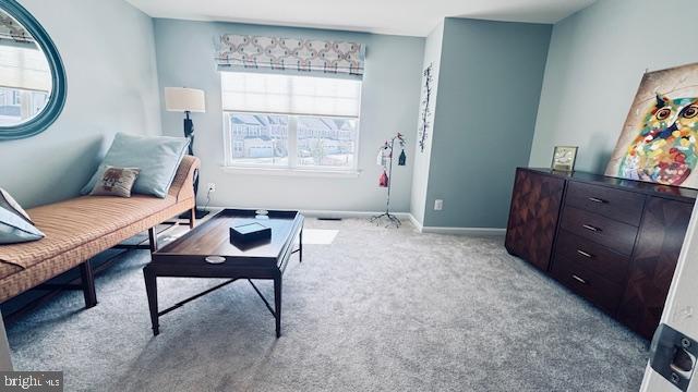 living area featuring baseboards and carpet floors