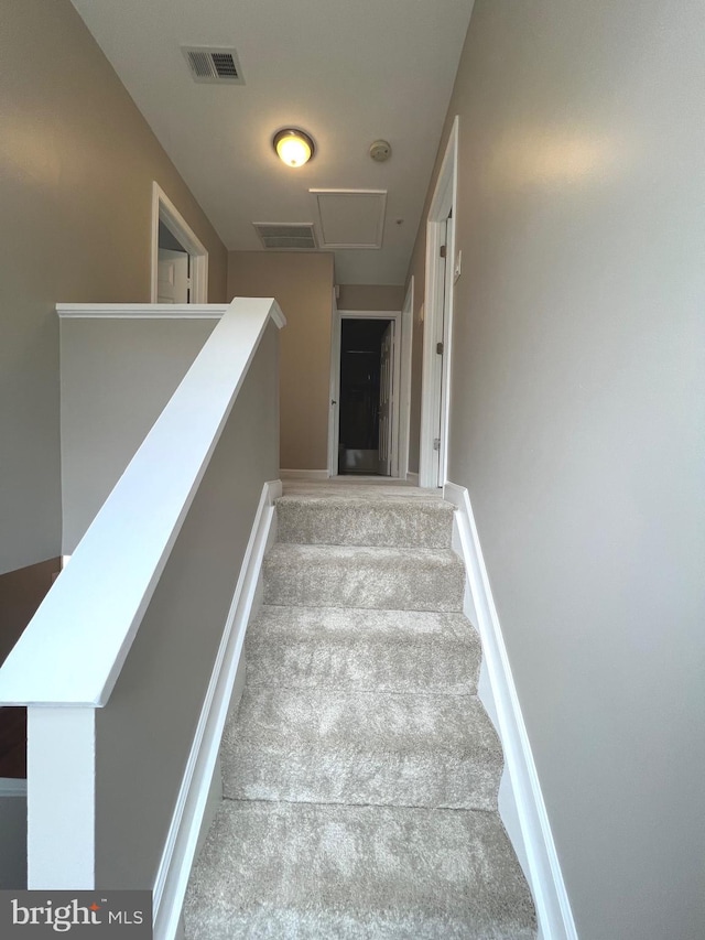 stairway featuring attic access, carpet flooring, baseboards, and visible vents