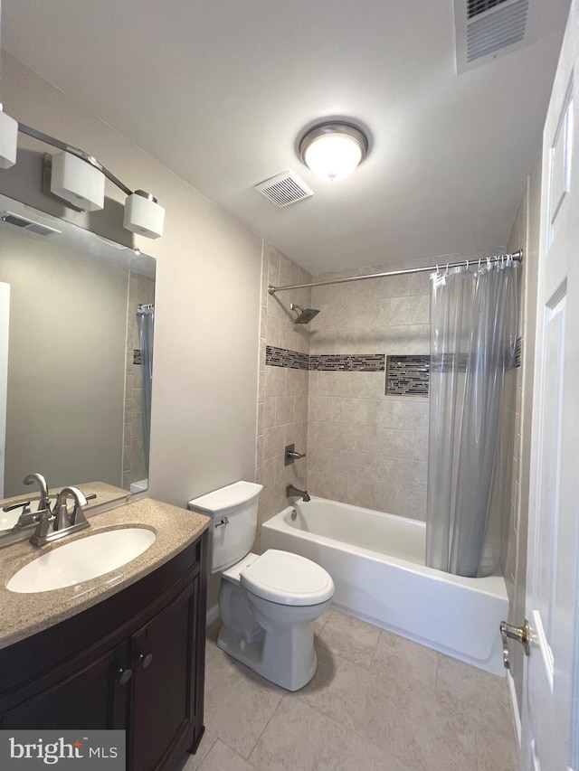full bath with visible vents, toilet, shower / bathtub combination with curtain, and vanity