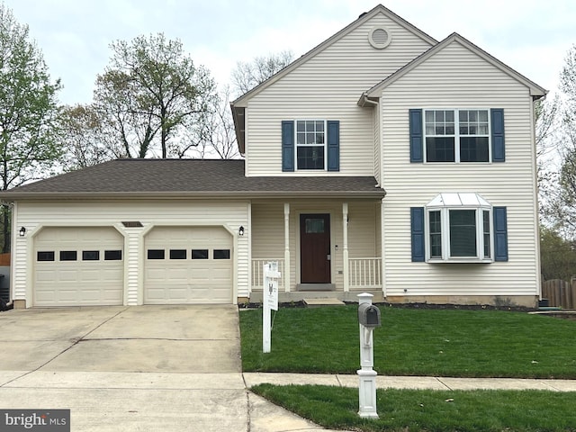 traditional-style home with a shingled roof, covered porch, a garage, a front lawn, and driveway