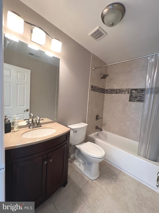 full bathroom featuring toilet, shower / bathtub combination with curtain, vanity, and visible vents