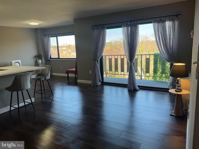 dining area with baseboards and dark wood-style flooring