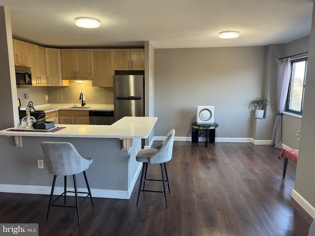 kitchen featuring light countertops, appliances with stainless steel finishes, a sink, and light brown cabinetry