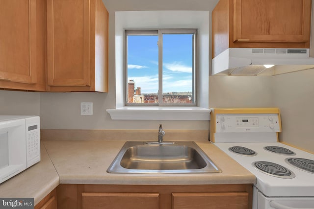 kitchen featuring white appliances, under cabinet range hood, light countertops, and a sink