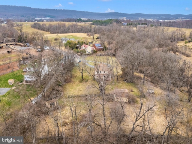 drone / aerial view featuring a rural view and a mountain view