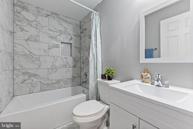 bathroom featuring shower / bathtub combination with curtain, toilet, and vanity