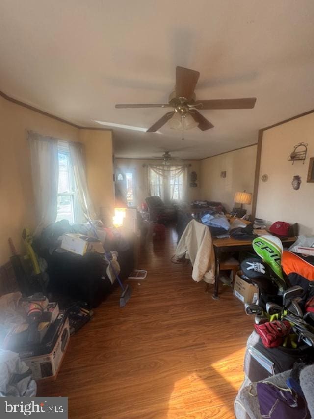 bedroom with light wood-style flooring and a ceiling fan