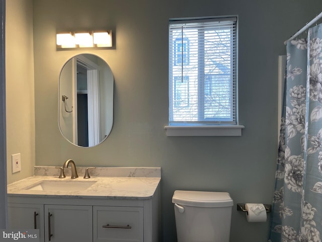 full bath featuring vanity, a shower with curtain, toilet, and a healthy amount of sunlight