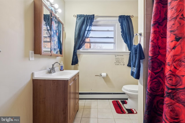 full bathroom with vanity, a shower with shower curtain, a baseboard radiator, tile patterned flooring, and toilet