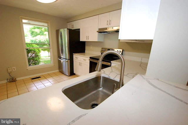 kitchen featuring visible vents, a sink, white cabinets, under cabinet range hood, and appliances with stainless steel finishes