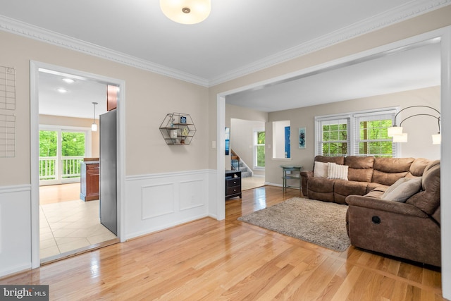 living area featuring a wainscoted wall, a healthy amount of sunlight, ornamental molding, and light wood finished floors