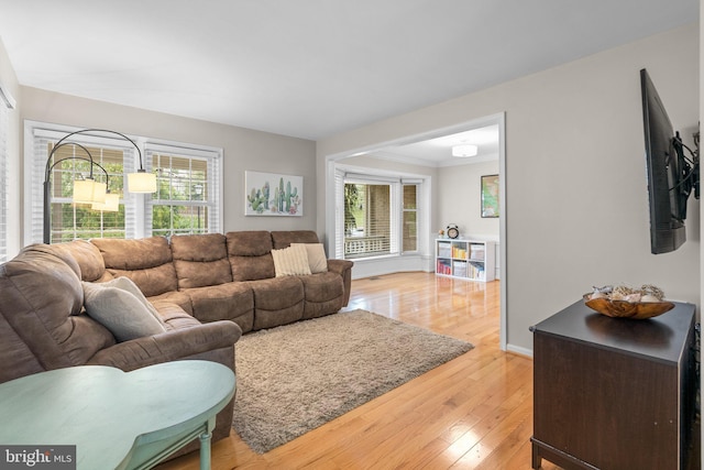 living area with crown molding, light wood-type flooring, and baseboards