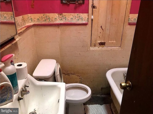 bathroom with toilet, a washtub, and wainscoting