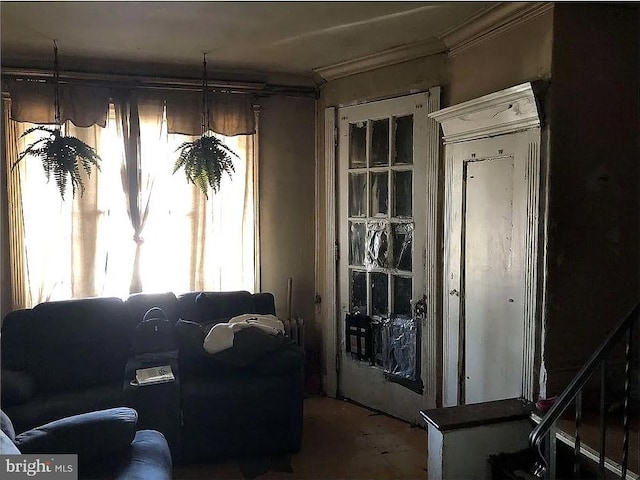 living room with ornamental molding