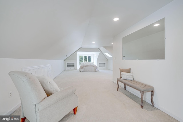 living area featuring recessed lighting, baseboards, lofted ceiling, and carpet flooring