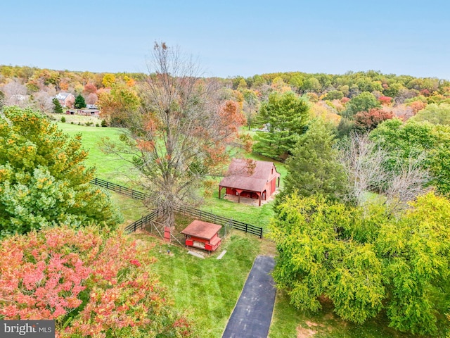 bird's eye view featuring a rural view and a forest view