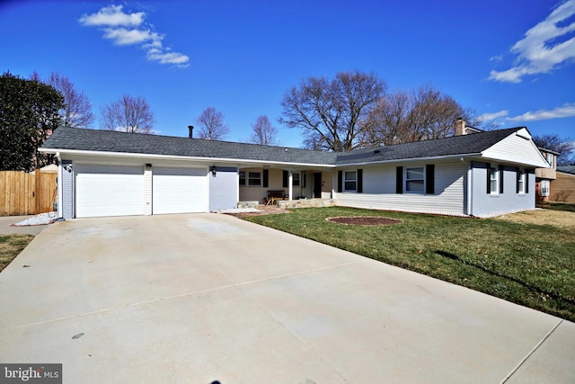 ranch-style house with a front yard, fence, concrete driveway, a garage, and brick siding