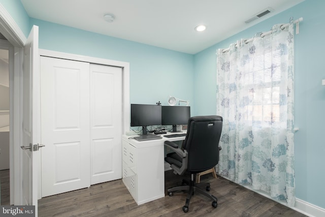 home office featuring visible vents, recessed lighting, and wood finished floors