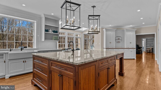 kitchen featuring crown molding, white cabinets, light wood finished floors, and a sink