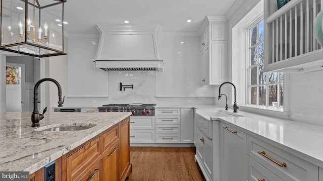 kitchen with stainless steel gas cooktop, decorative backsplash, custom exhaust hood, and a sink