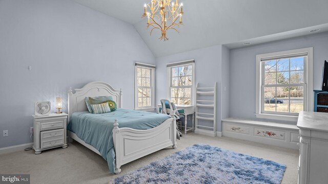 bedroom featuring an inviting chandelier, lofted ceiling, baseboards, and light carpet