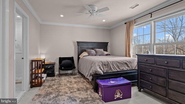 bedroom with visible vents, light carpet, baseboards, and ornamental molding