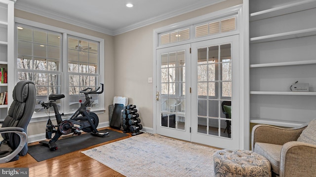 workout area with a healthy amount of sunlight, wood finished floors, baseboards, and ornamental molding