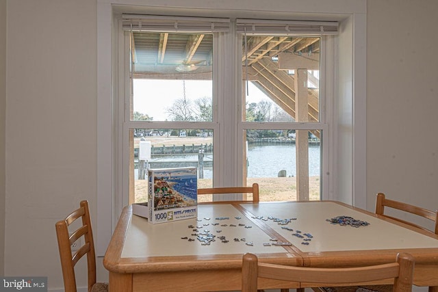 dining space with a water view