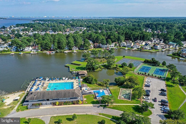 drone / aerial view featuring a water view