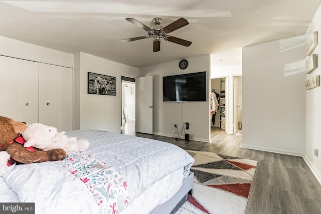 bedroom featuring wood finished floors, baseboards, ceiling fan, a spacious closet, and a closet