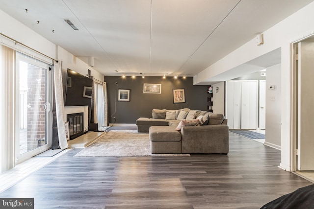 living room with a glass covered fireplace, visible vents, wood finished floors, and rail lighting