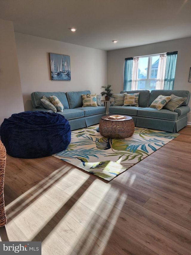 living area with wood finished floors and recessed lighting