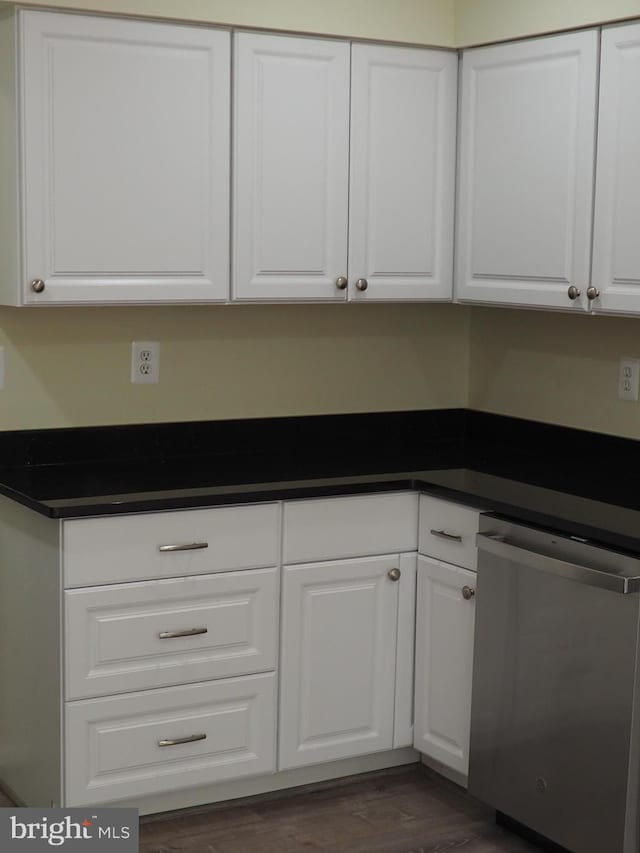 5711 Crownleigh Ct, Burke, VA 22015 - kitchen featuring dishwasher, dark countertops, white cabinets, and dark wood-style floors