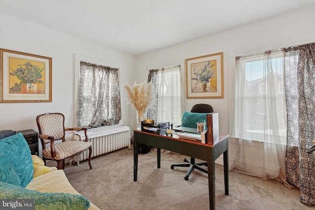 home office featuring light carpet, radiator, and a healthy amount of sunlight