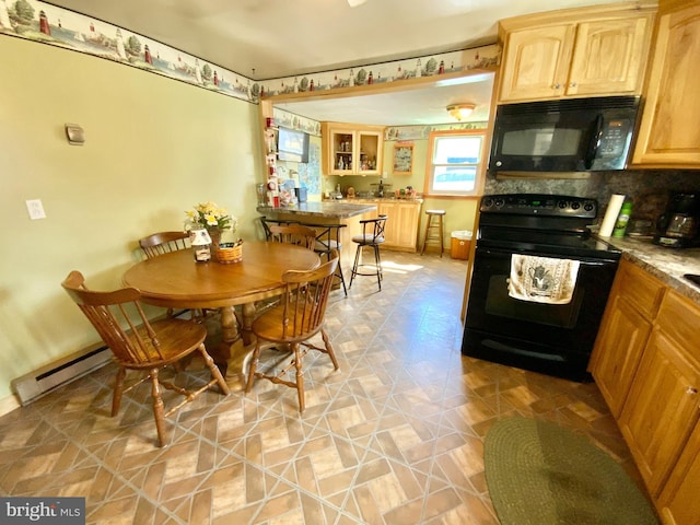 kitchen with a baseboard heating unit, light brown cabinetry, black appliances, tasteful backsplash, and glass insert cabinets