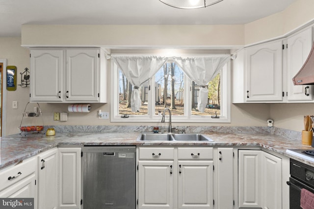 kitchen with a sink, light countertops, white cabinets, dishwasher, and black oven